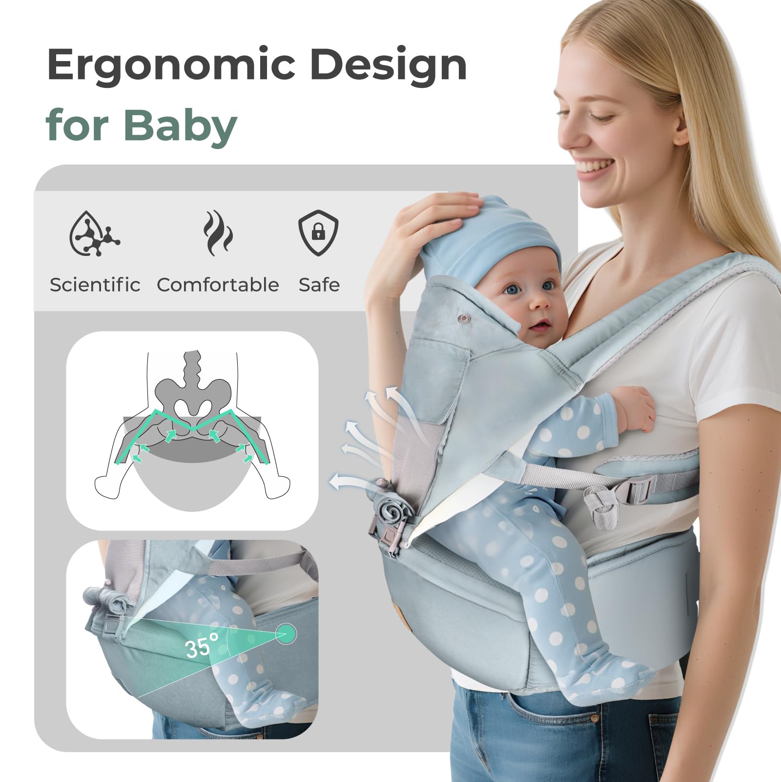 FRUITEAM 6-in-1 carrier baby seated in cushioned hip seat for comfort
