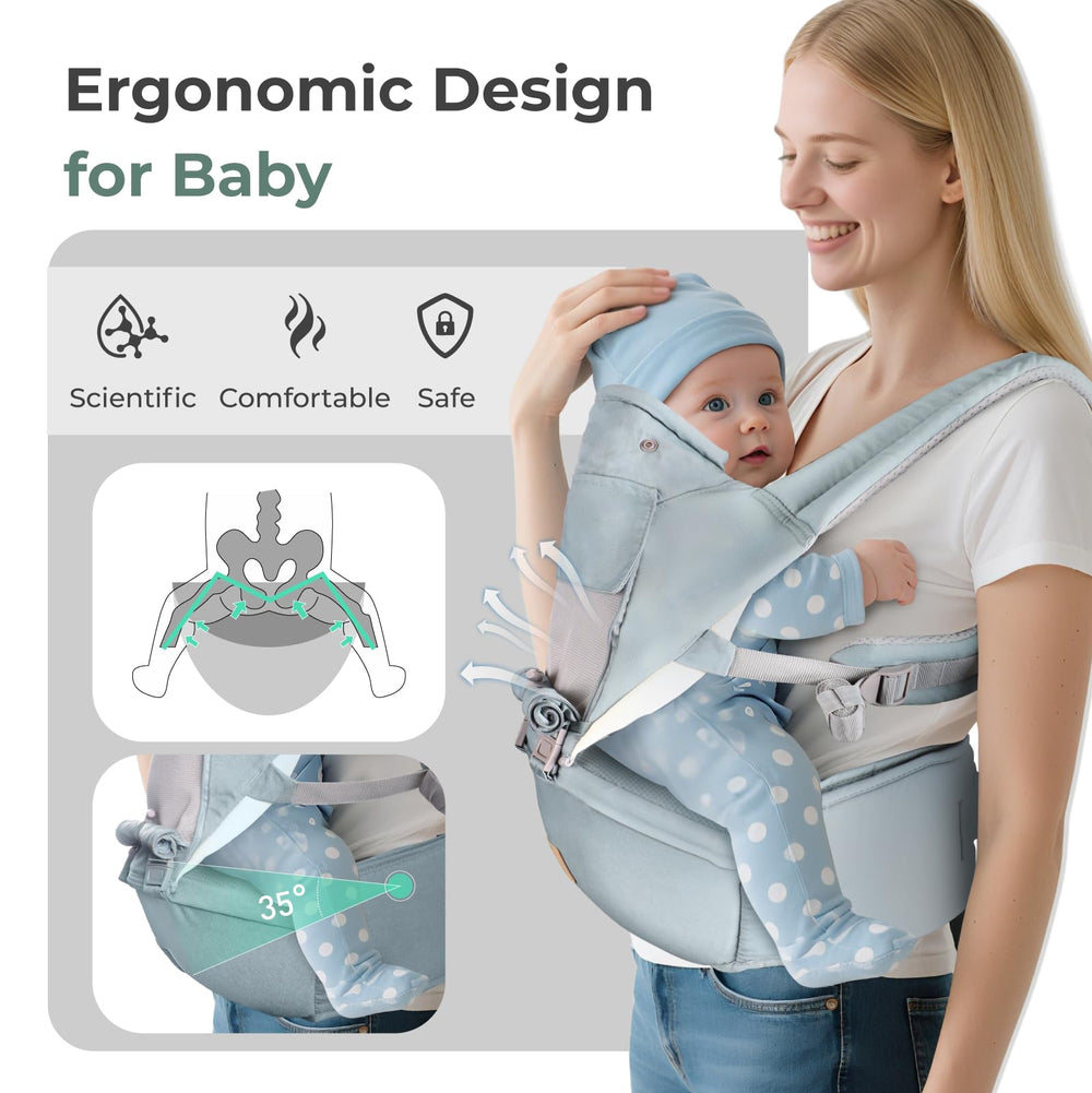 FRUITEAM 6-in-1 carrier baby seated in cushioned hip seat for comfort