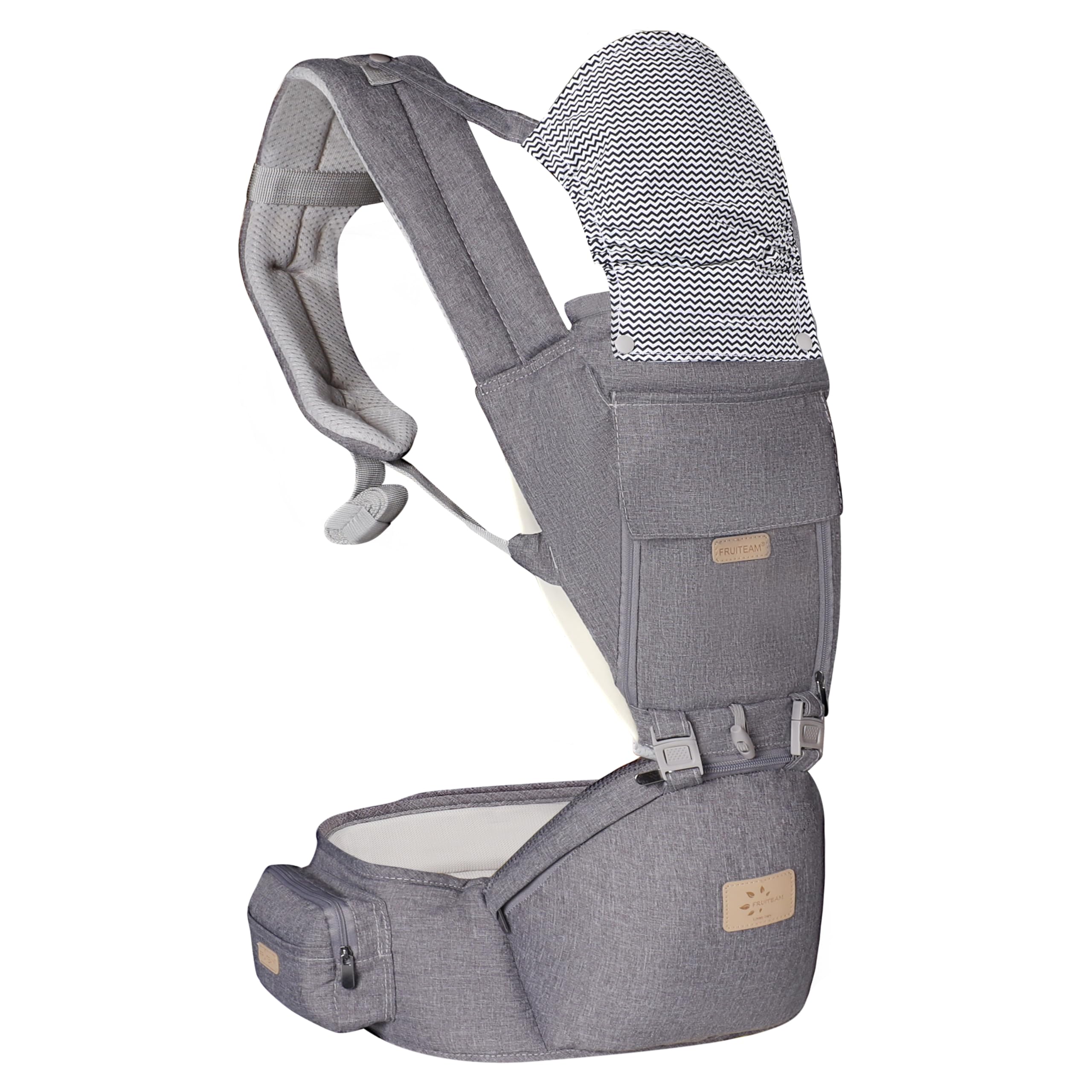 FRUITEAM 6-in-1 carrier greyish with hip seat for versatile infant-to-toddler carry.