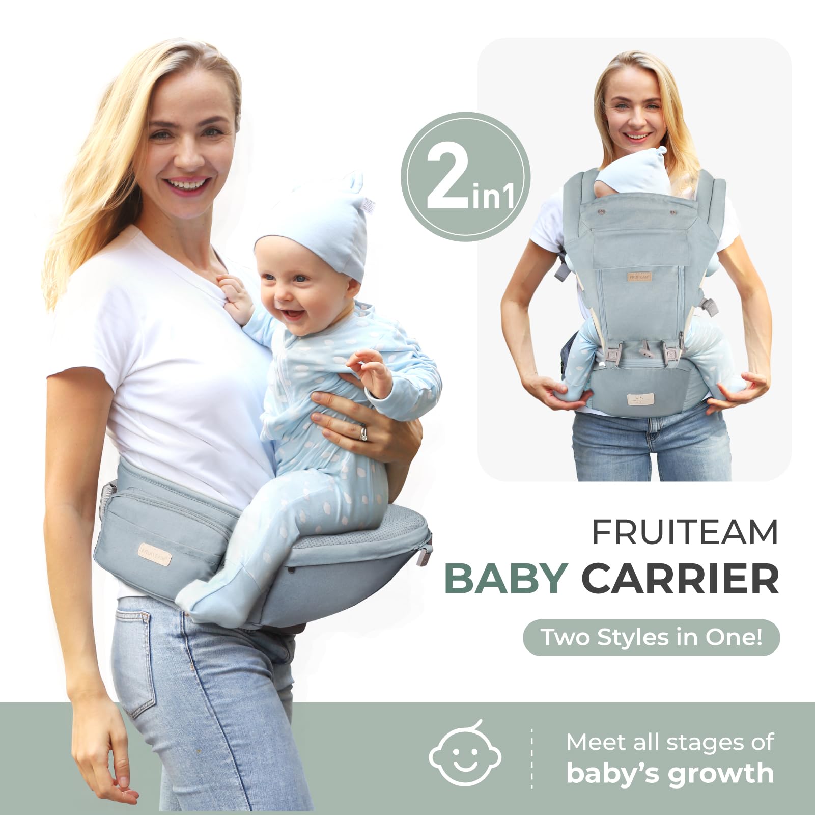 FRUITEAM 6-in-1 carrier hip-seat detail highlighting comfortable M-position seating