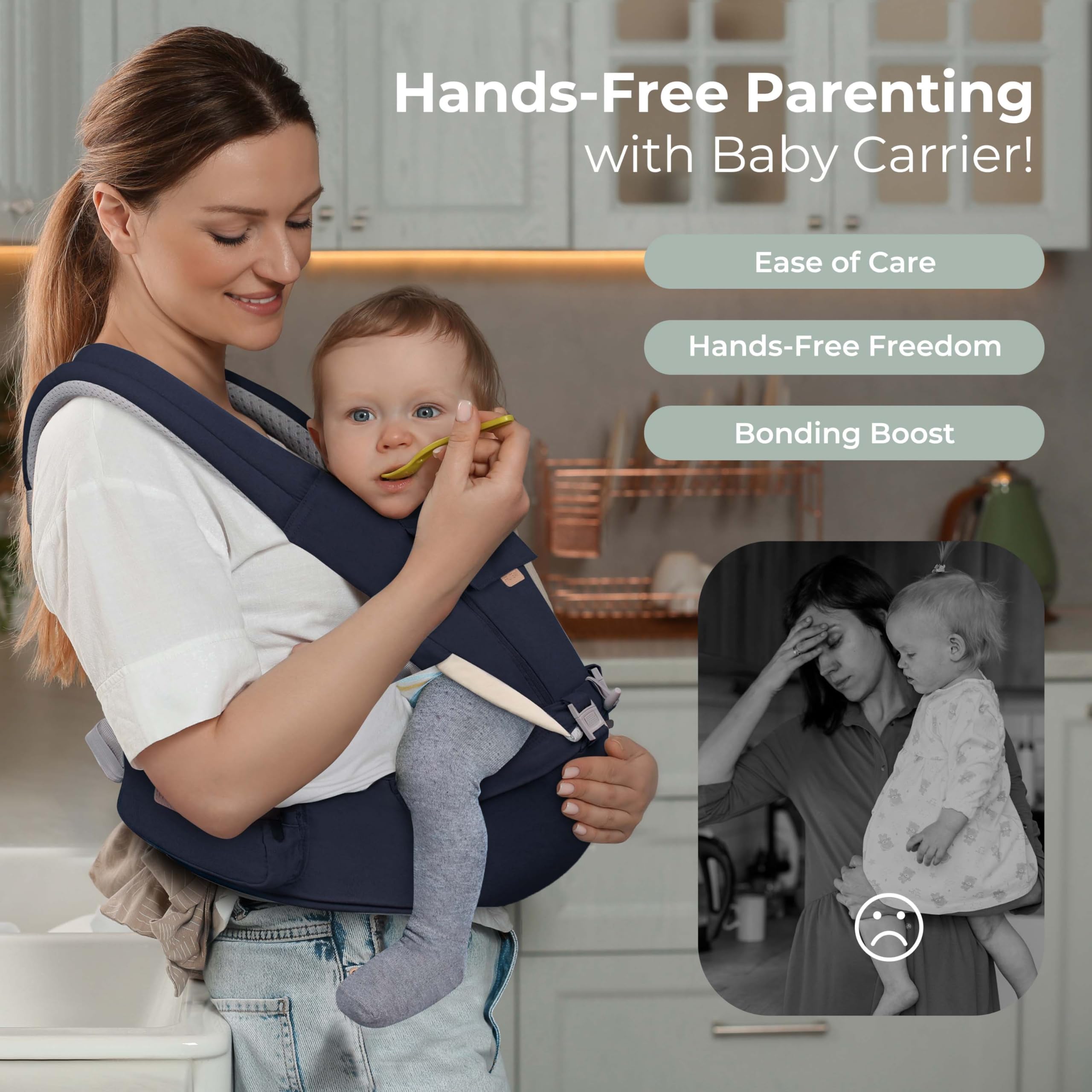 FRUITEAM 6-in-1 baby carrier navy breastfeeding-friendly design for convenient feeding.