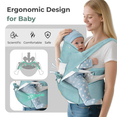 FRUITEAM 6-in-1 baby carrier green back view supports secure all-day use.