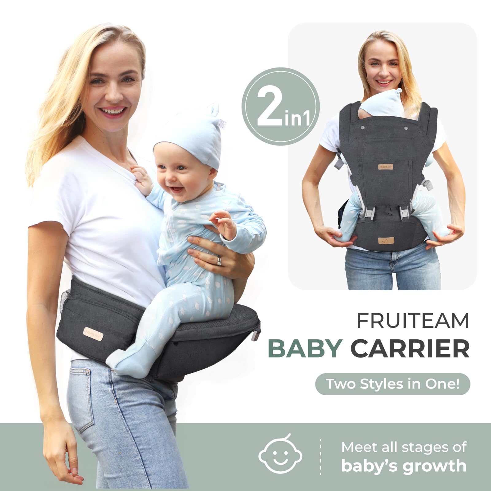 FRUITEAM baby carrier 6in1 back-carry distributes weight for longer wear.