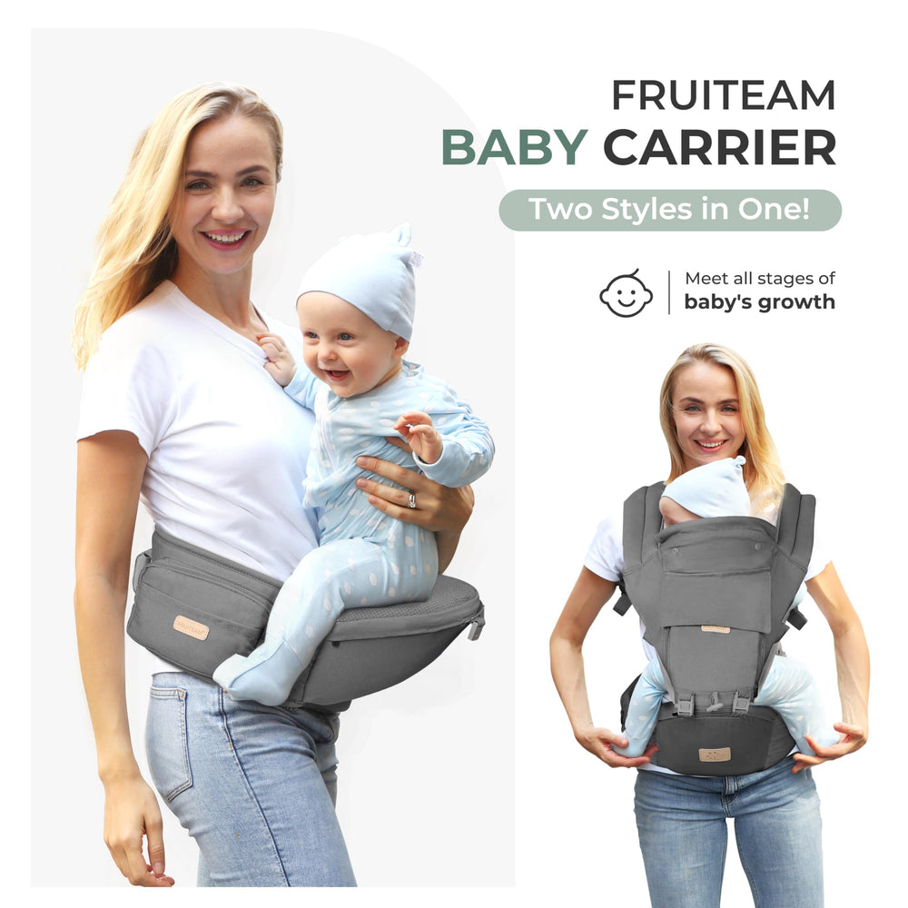 FRUITEAM greyish carrier shows breastfeeding-friendly hip-seat position.