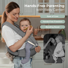 FRUITEAM baby carrier demonstrates hands-free use for busy parents.