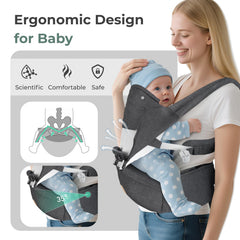 FRUITEAM baby carrier hip-seat adjustable supports comfortable hip alignment during carriage.