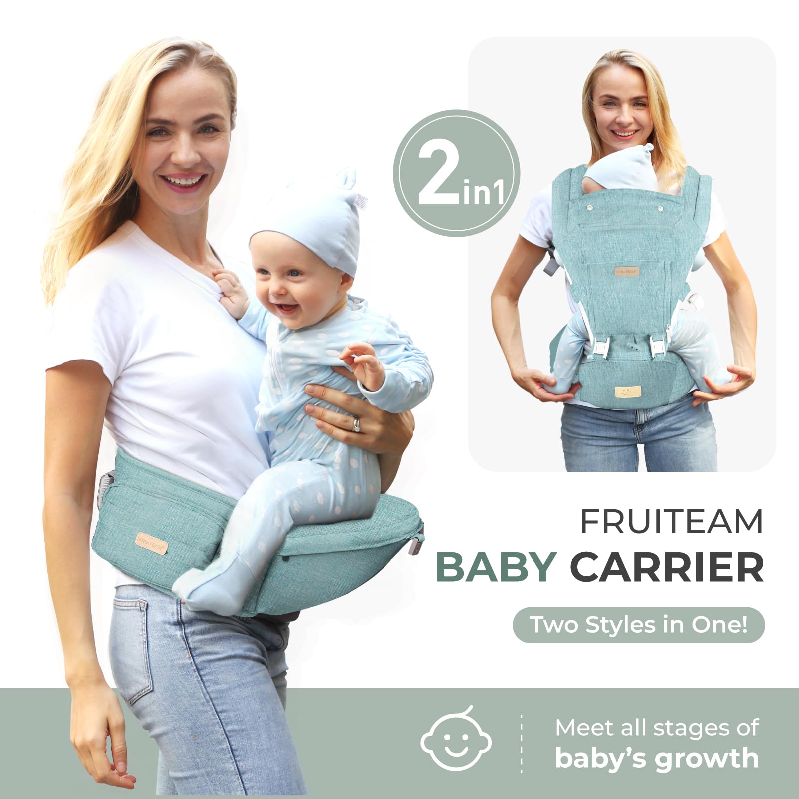 FRUITEAM hip-seat carrier green shows ergonomic support for baby's hips.