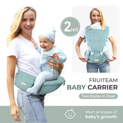 FRUITEAM hip-seat carrier green shows ergonomic support for baby's hips.