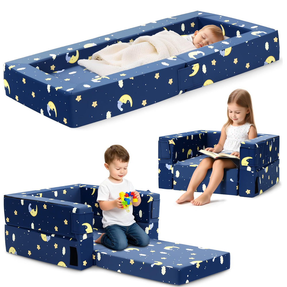 FRUITEAM toddler travel bed moon-star-cloud blue print for cozy camping naps