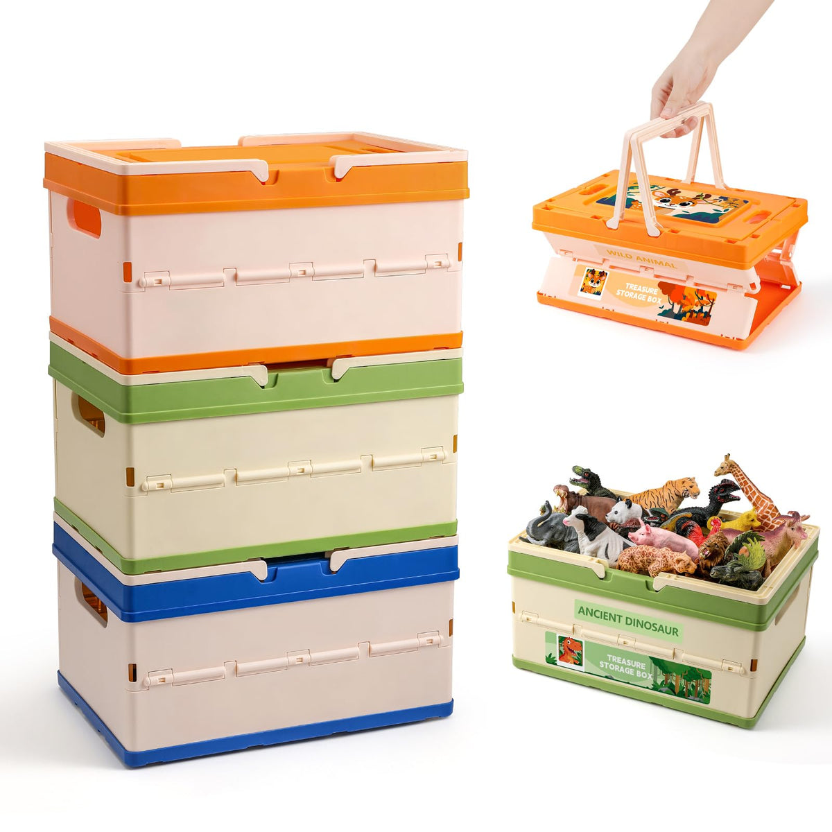FRUSE 3-pack toy storage box unfolded dimensions show organized playroom setup.