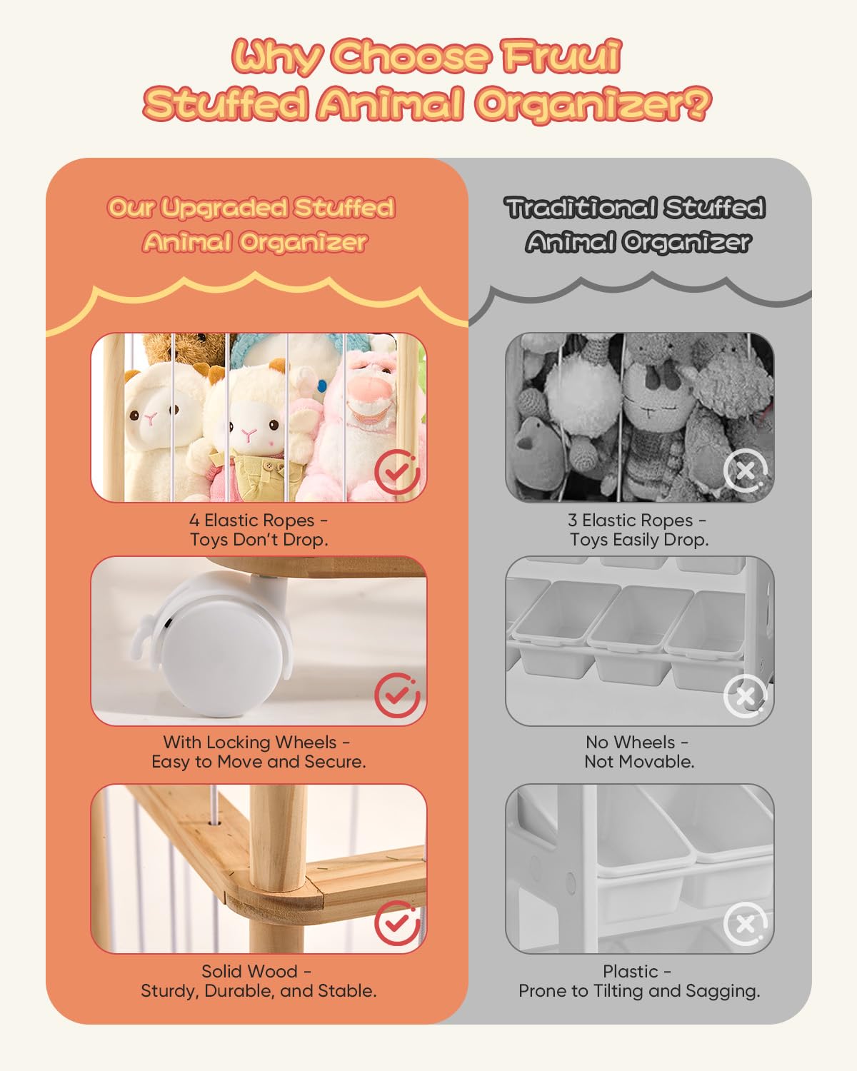 Fruui dimensions 16x16x54 inches capturing extra capacity for plush toys.