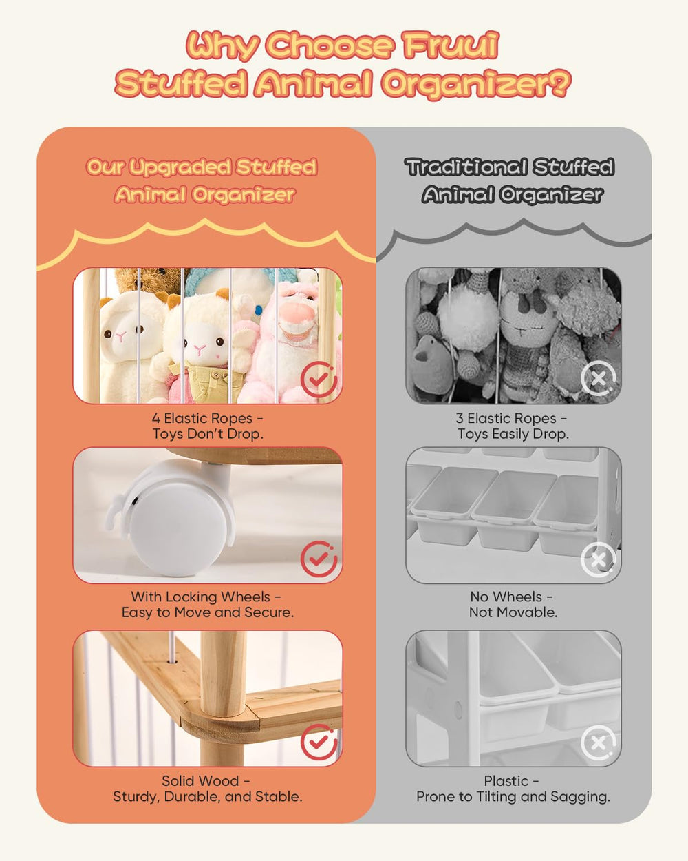 Fruui dimensions 16x16x54 inches capturing extra capacity for plush toys.