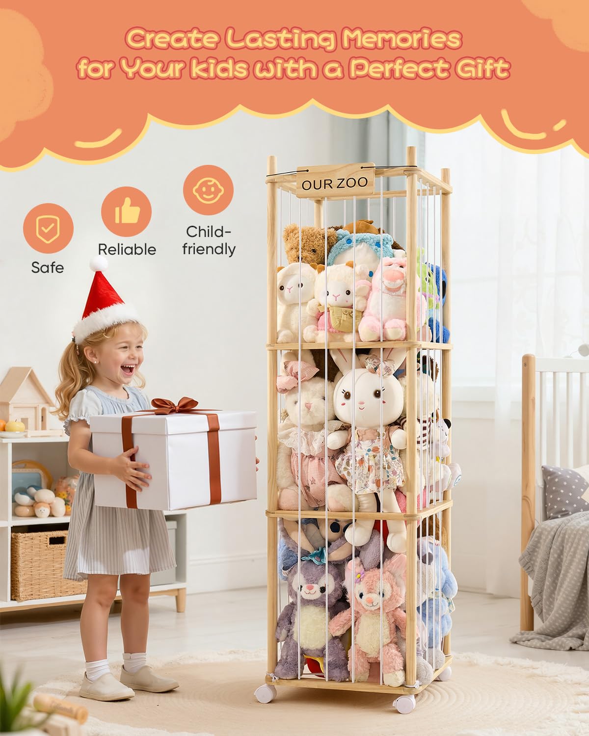 Fruui stuffed animal zoo assembly demonstrates accessible toy display for tidy play spaces.