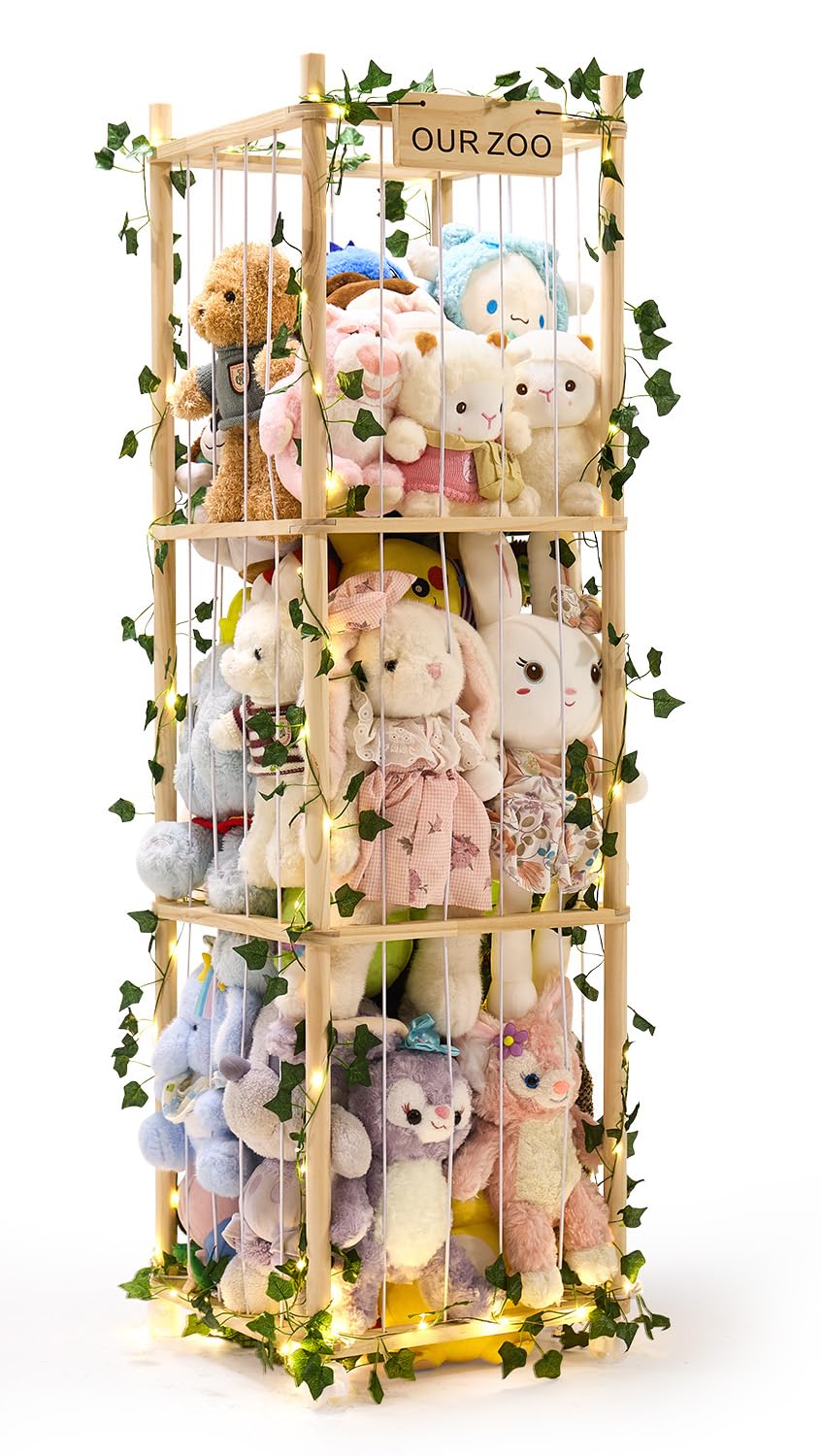 Fruui wooden stuffed animal storage side view, showcasing compact space-saving design for nurseries.
