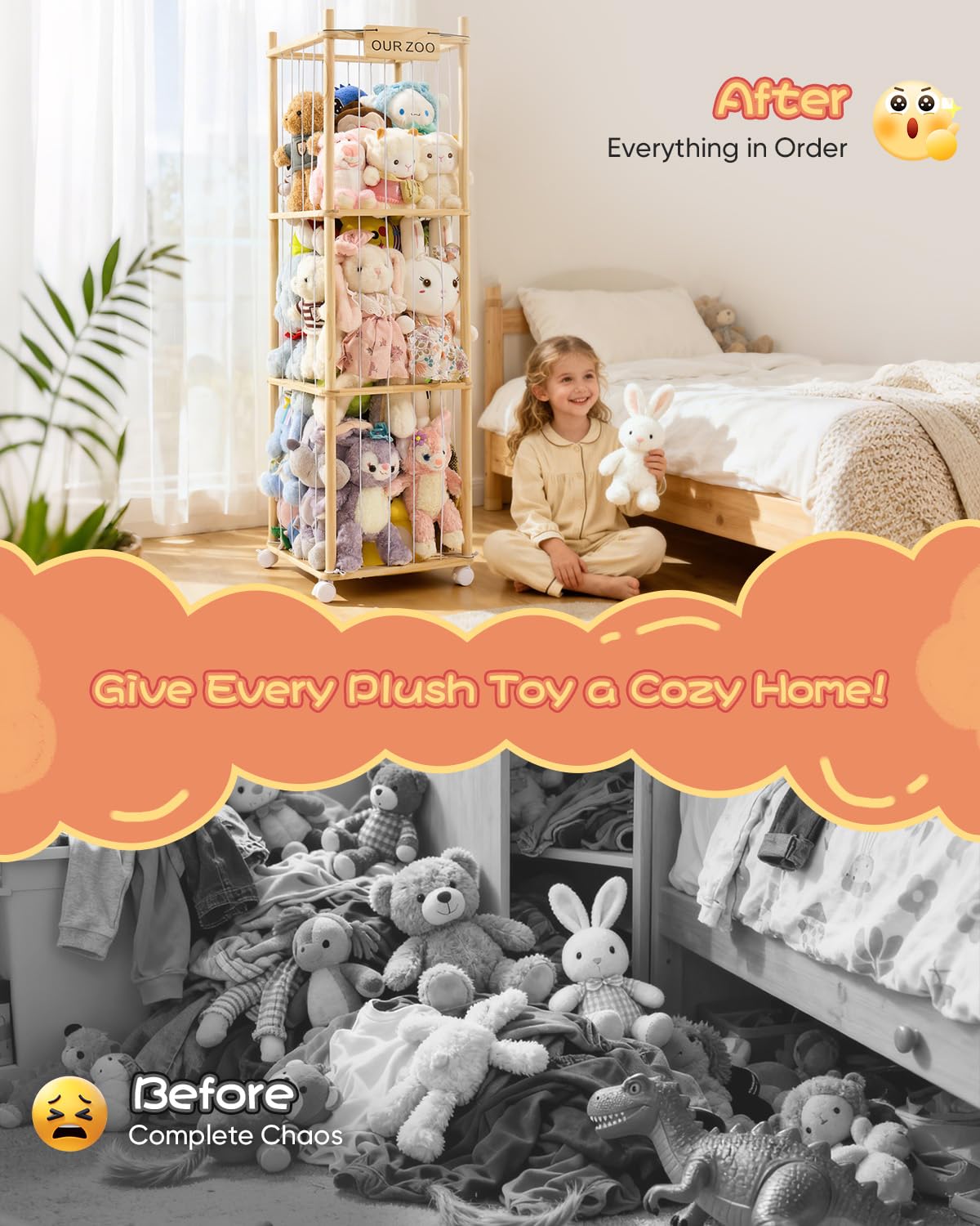 Fruui wooden toy storage frame closeup highlights sturdy pine and rounded edges for safety.