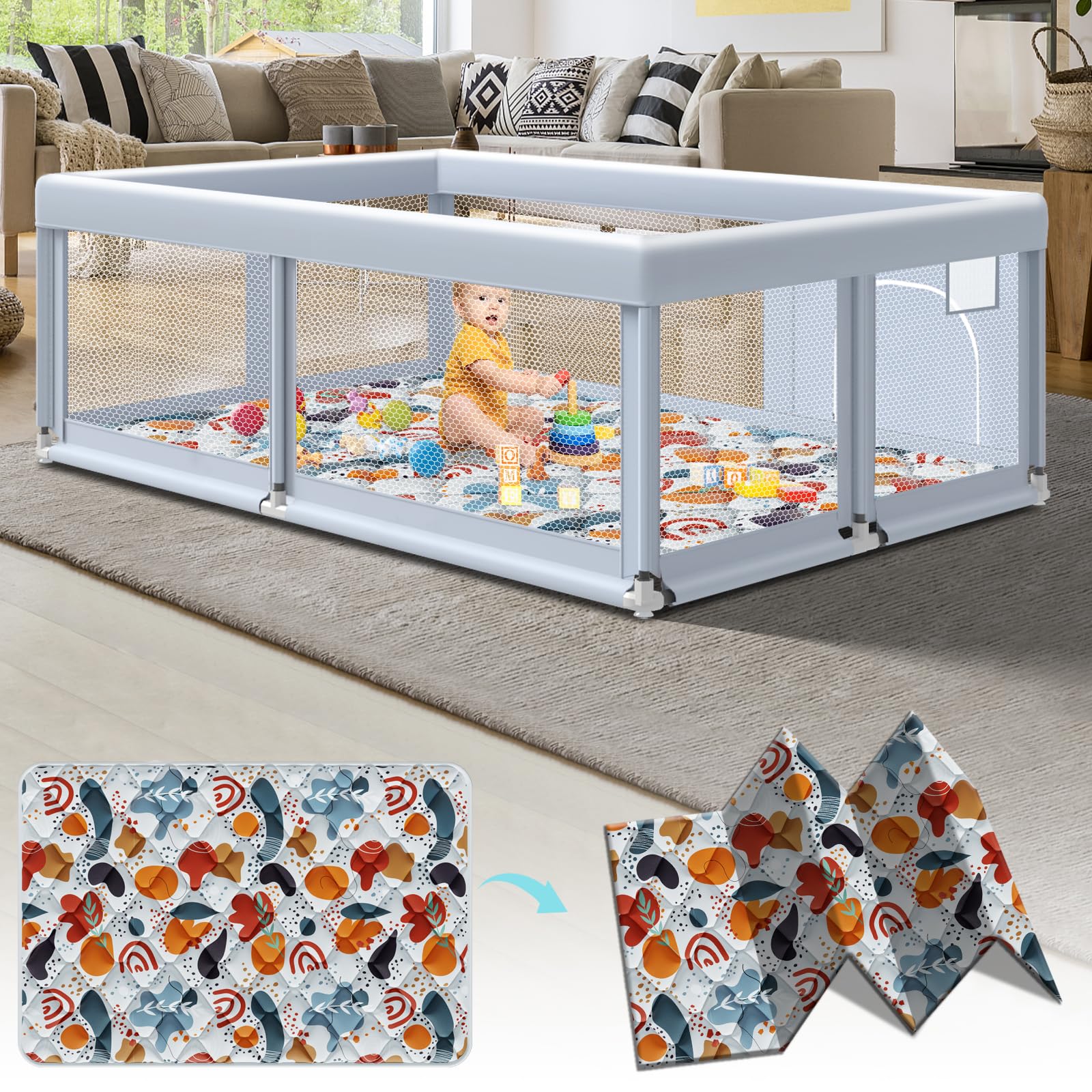 Fshibila 65x50 large baby playpen shows simple setup for safe indoor play.