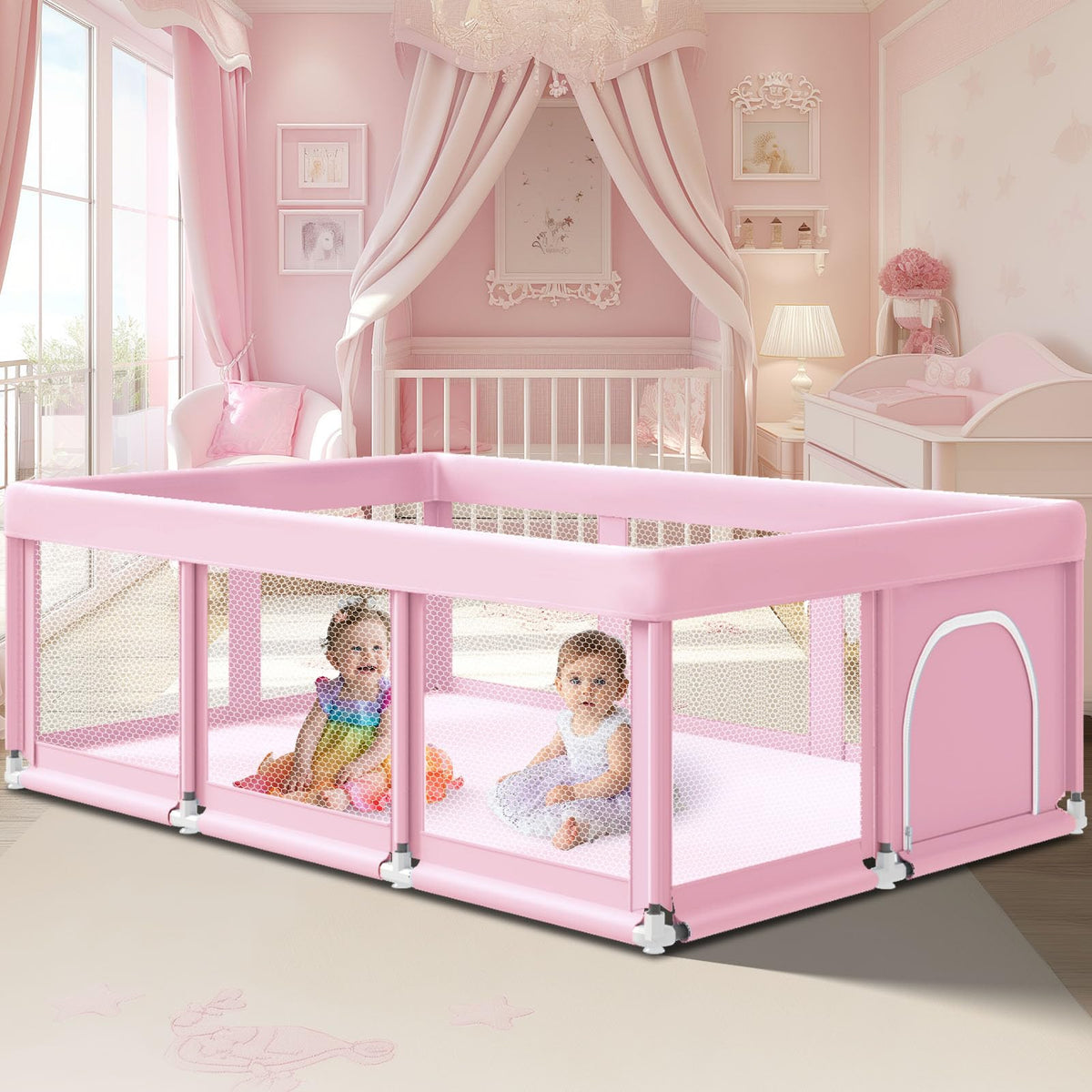 Fshibila 74x50 playpen shows tool-free assembly for quick setup