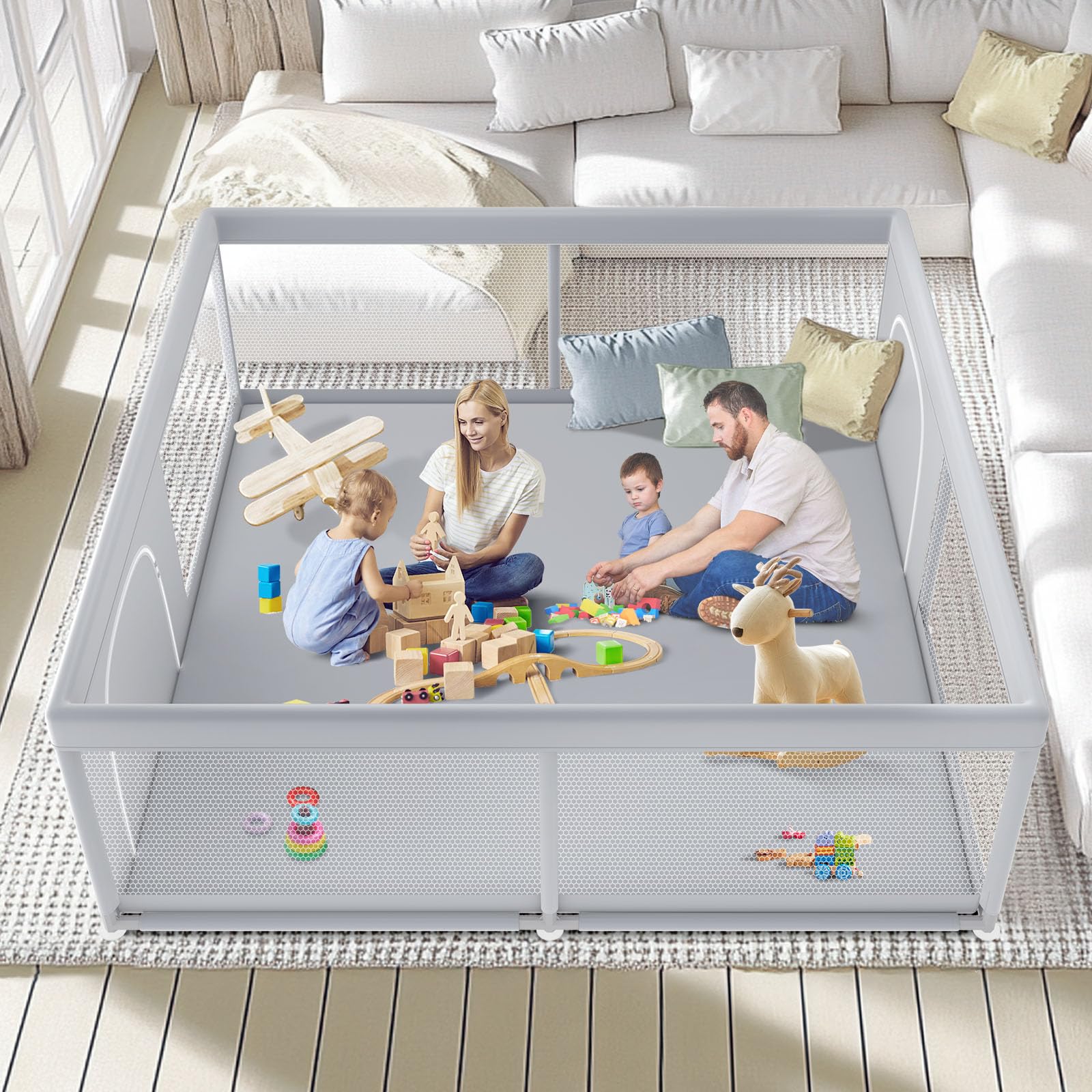 Fshibila 79x79 playpen setup shows expansive space for safe baby play indoors