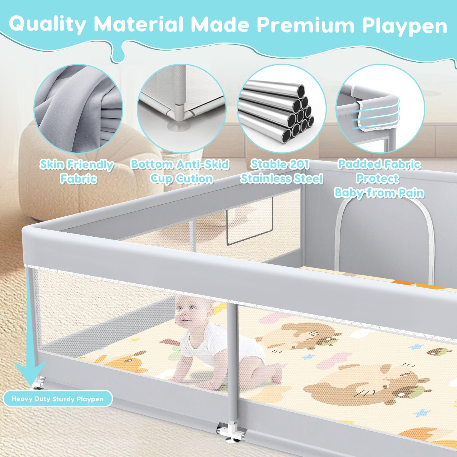 Fshibila playpen-anti-slip-base shows eight suction cups for stable placement.