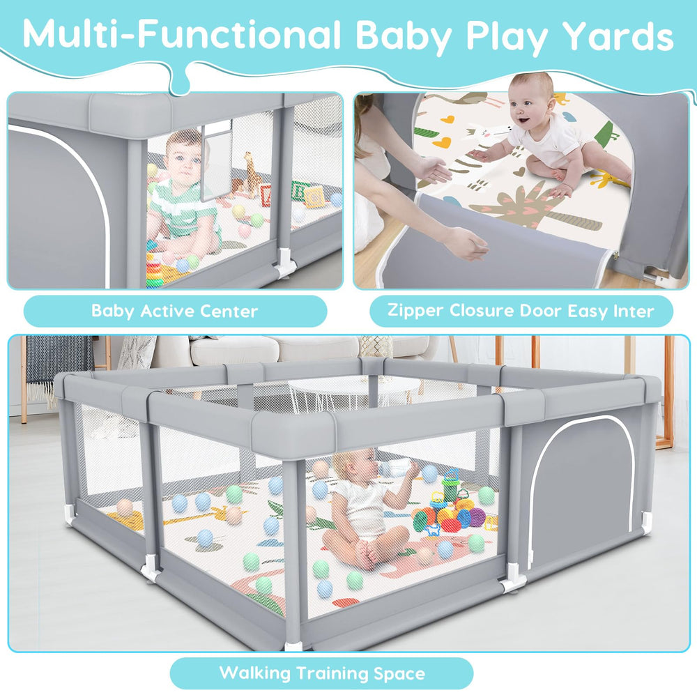 Fshibila playpen features breathable mesh sides for visibility and airflow.