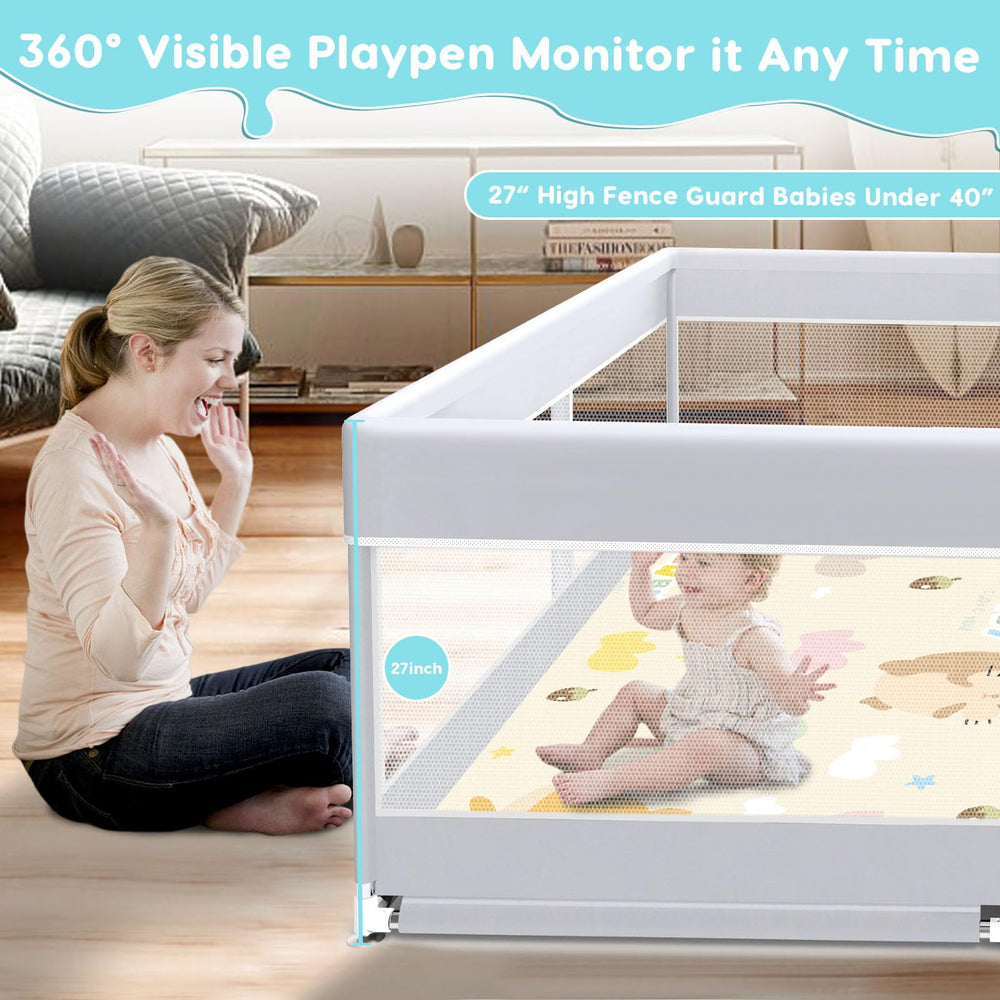 Fshibila baby playpen breathable mesh offers easy supervision from any angle.