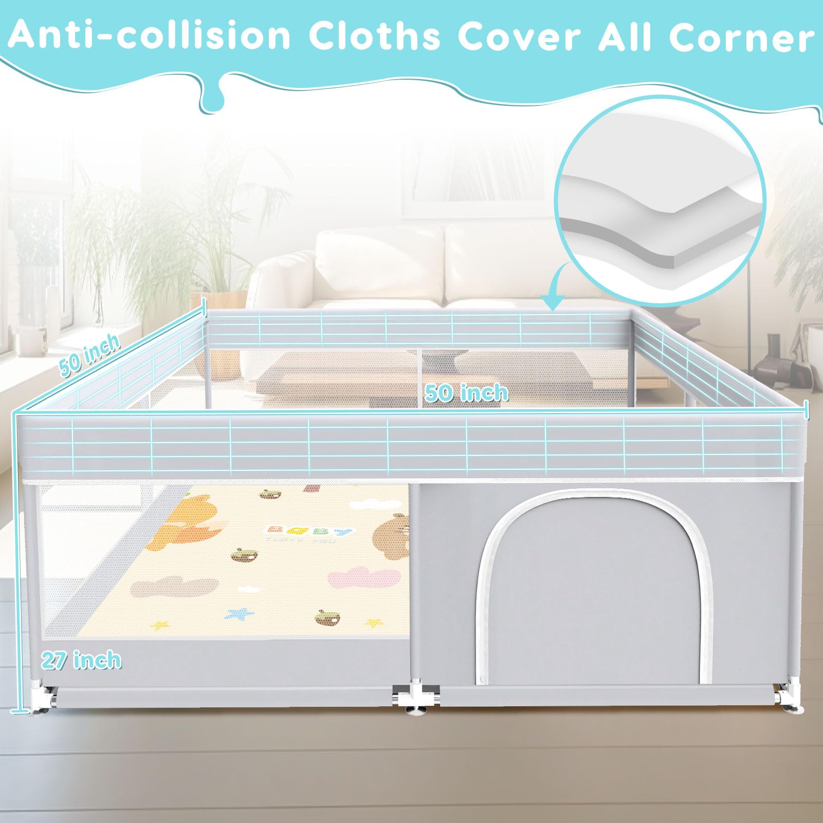 Fshibila baby playpen easy tool-free assembly enables quick room setup.