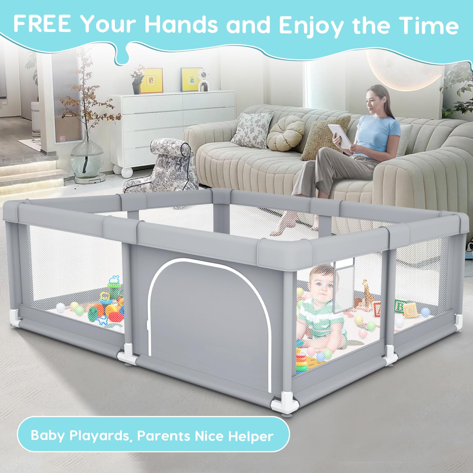 Fshibila Baby Playpen mat cushions edges for soft landings during crawling.