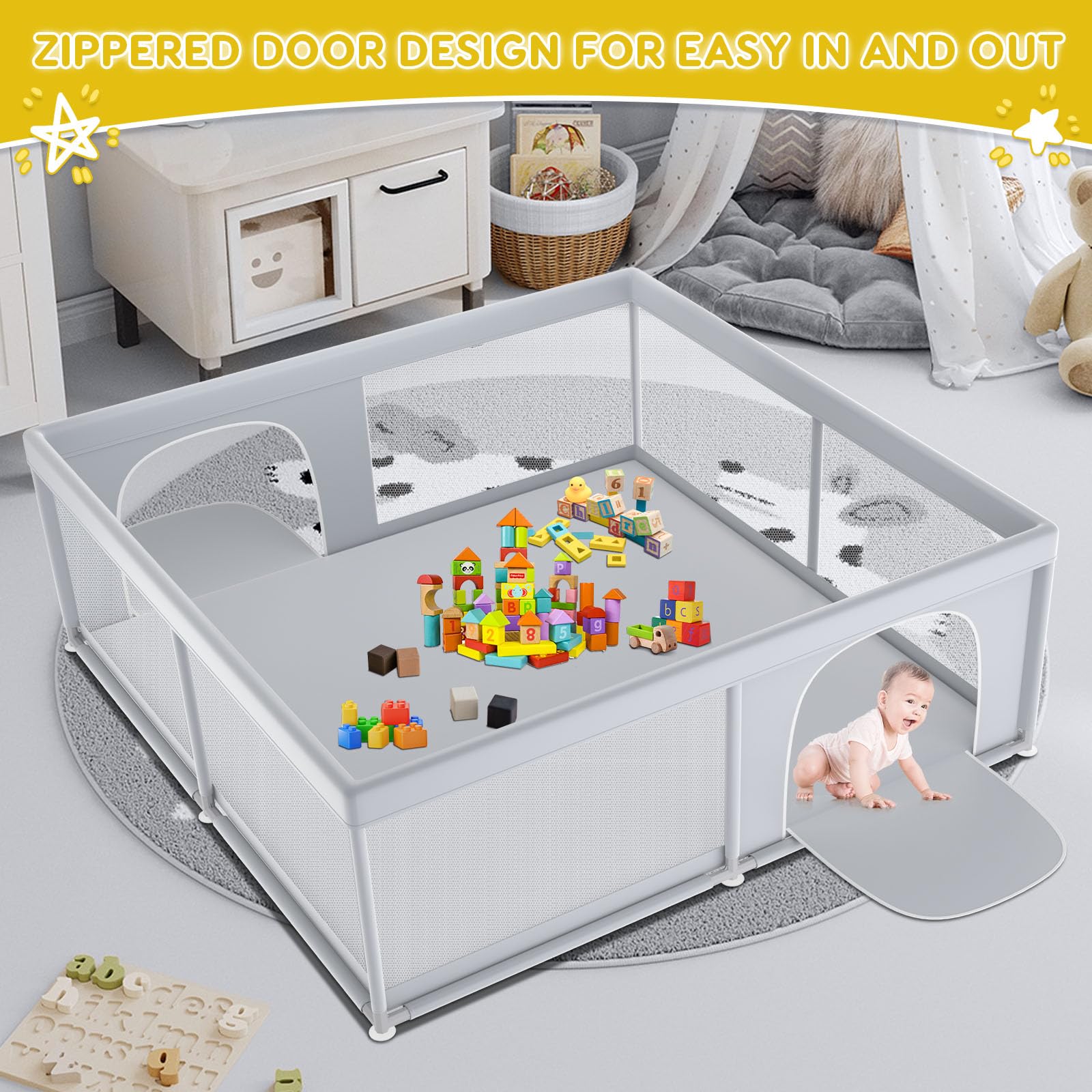 Fshibila playpen provides a large space for crawling, standing, and interaction.