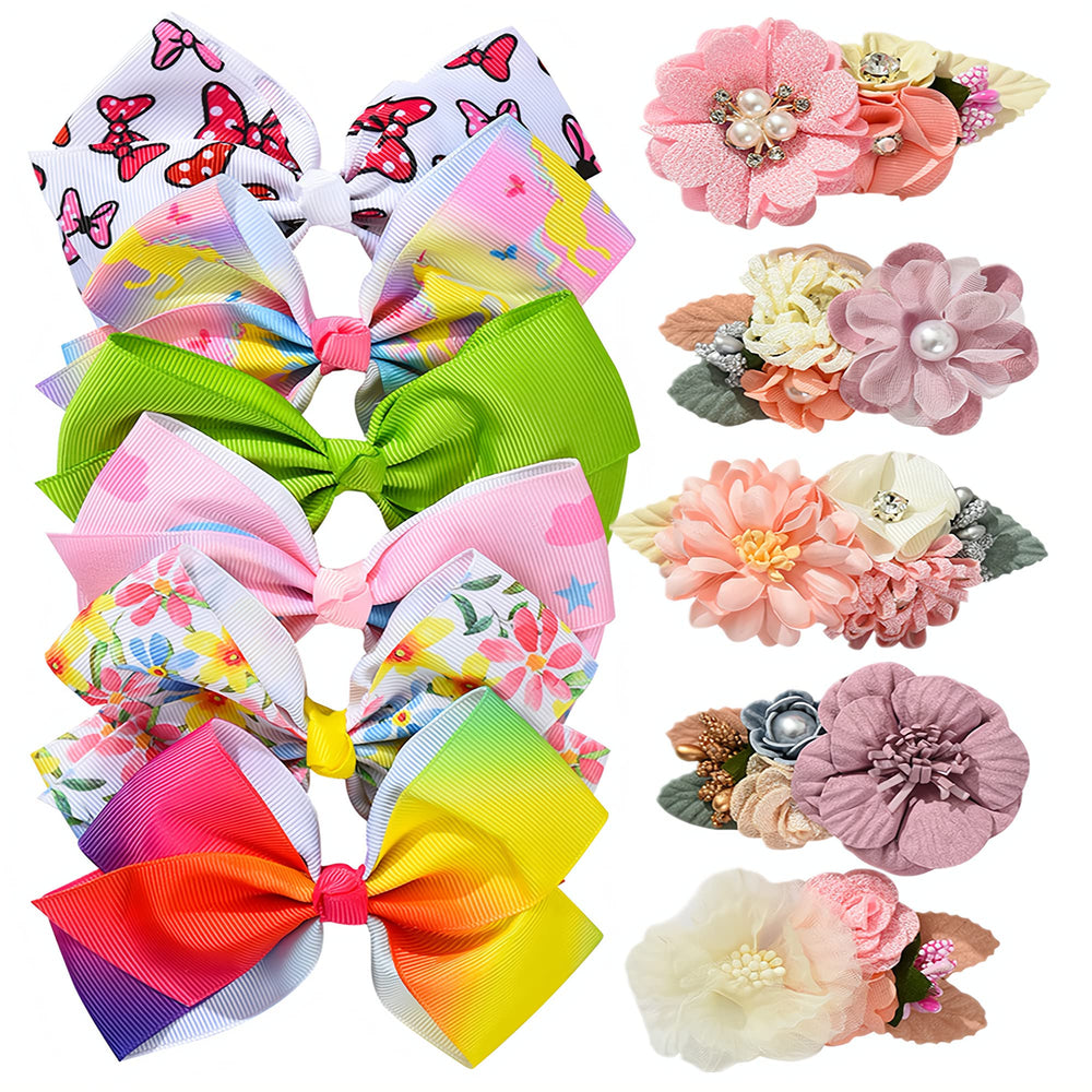 Fsmiling hair bows with red flowers on an alligator clip for secure ponytail styling.