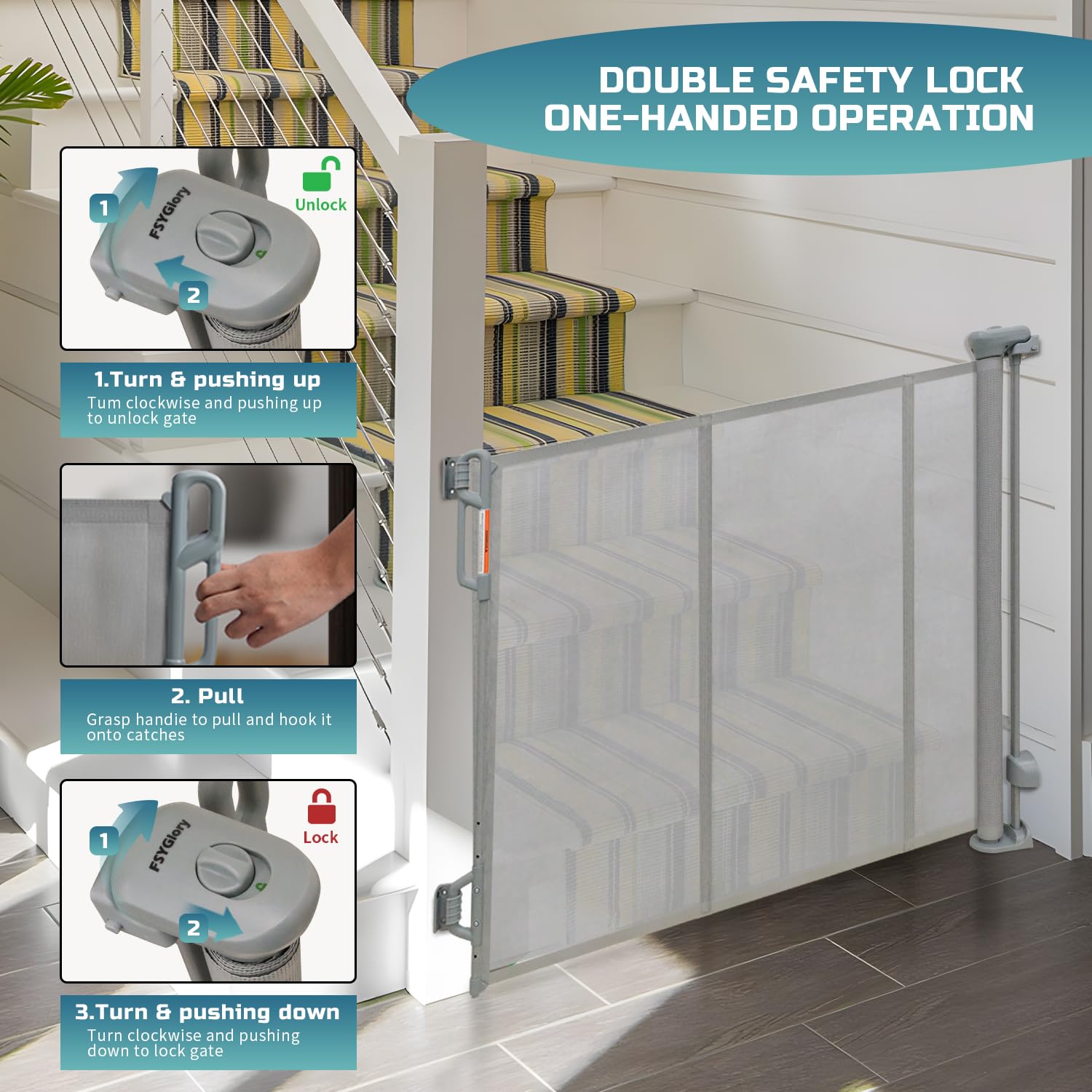 FSYGloryGlides mesh-gate works indoors and outdoors at doorways and stair entrances.
