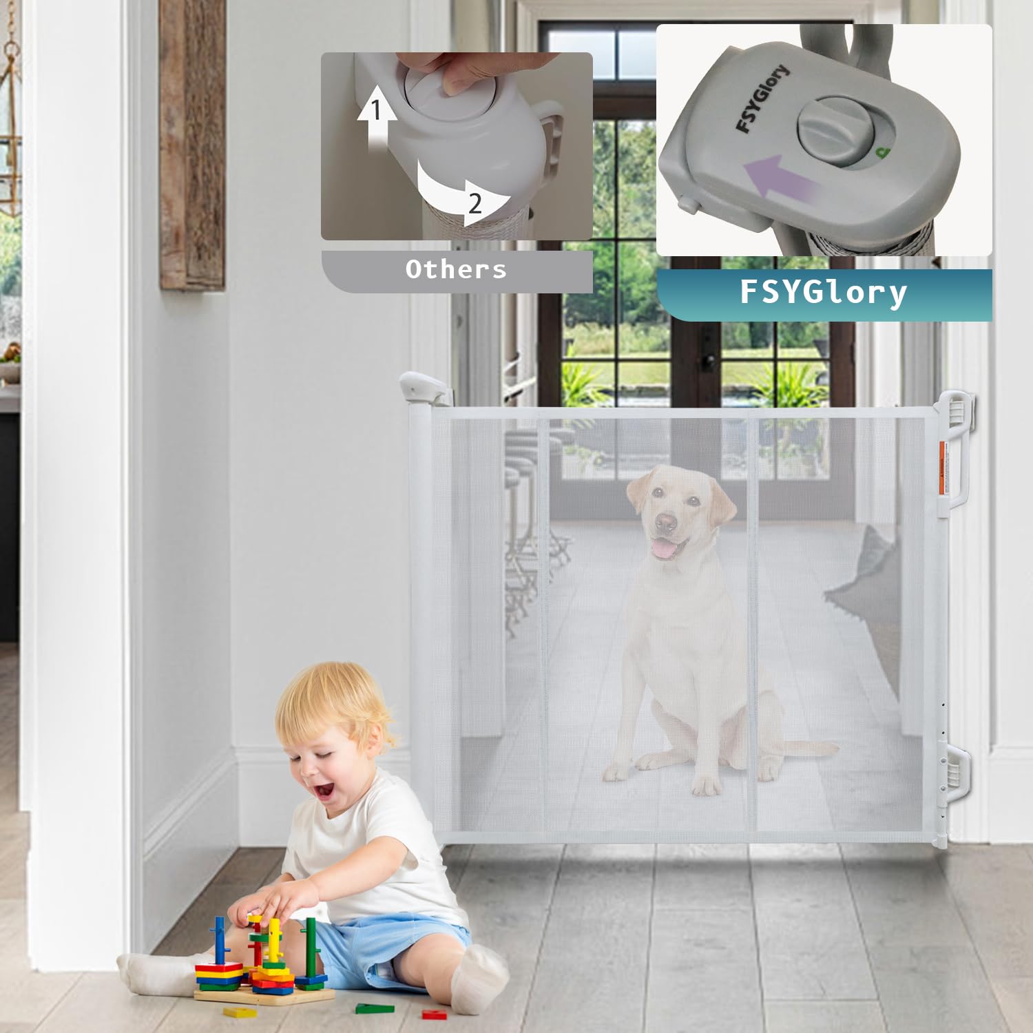 FSYGloryGlides mesh gate rolled aside showing space-saving design.