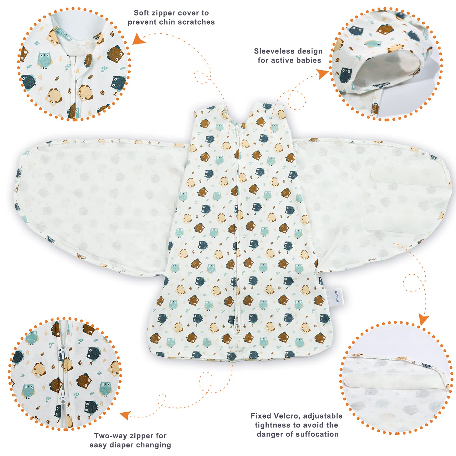 Ftikvo swaddle arm and neck openings emphasize safe positioning for tiny arms