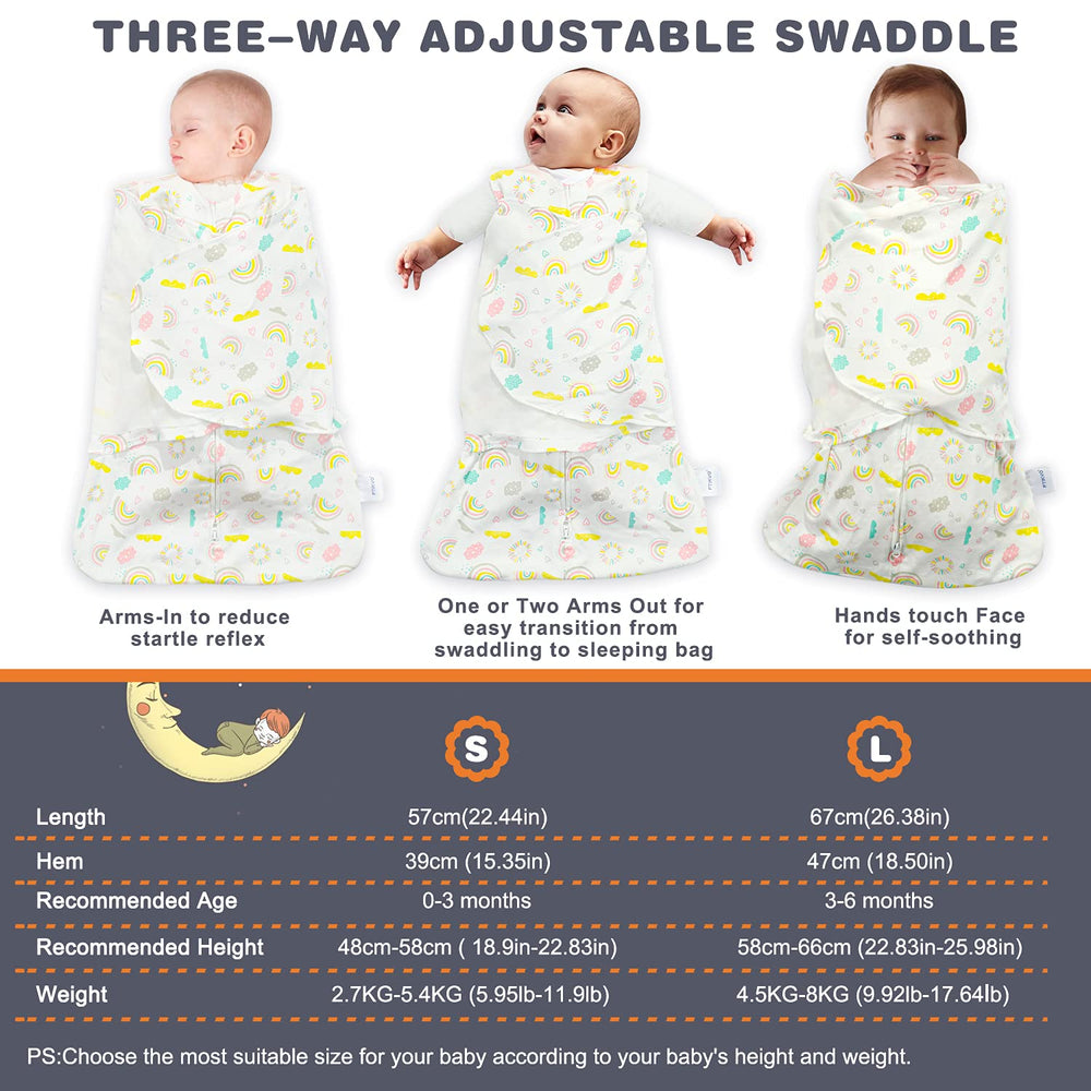 Ftikvo rainbow swaddle blanket worn by a baby in crib for secure sleep.