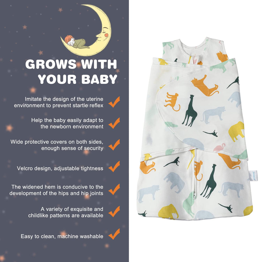 Ftikvo Colorful Zoo swaddle demonstrates safe arm and neck openings