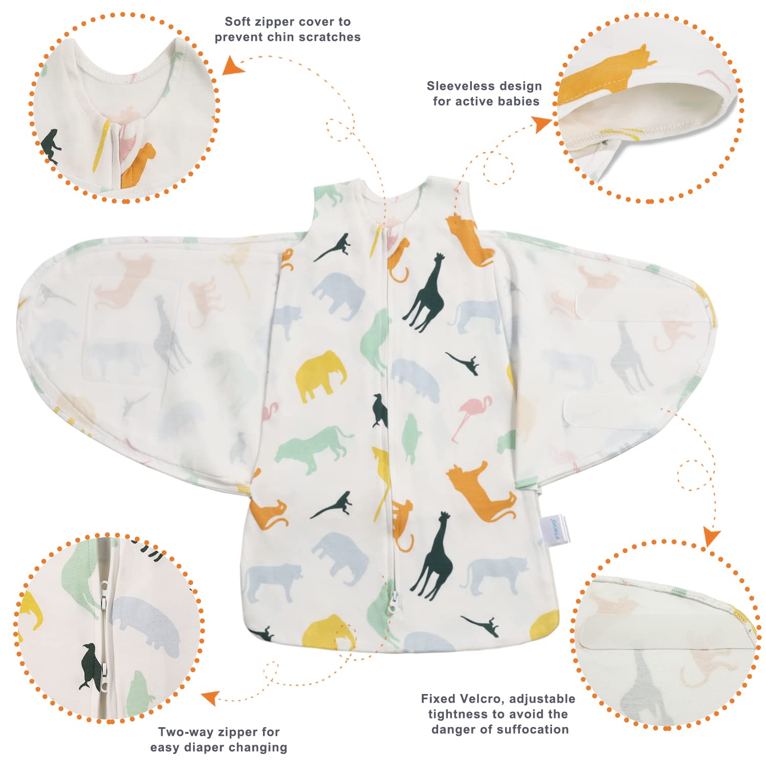 Ftikvo Colorful Zoo swaddle demonstrates safe arm and neck openings for positioning.
