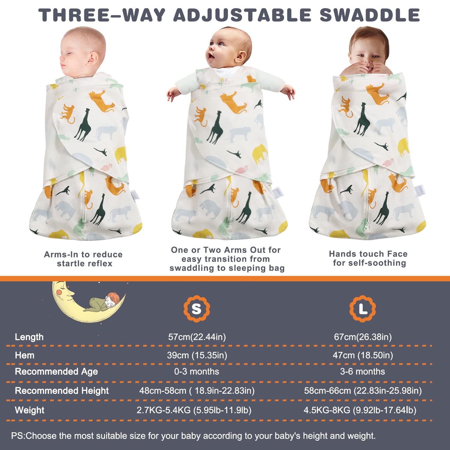 Ftikvo Colorful Zoo swaddle shows baby wrapped for cozy comfort.