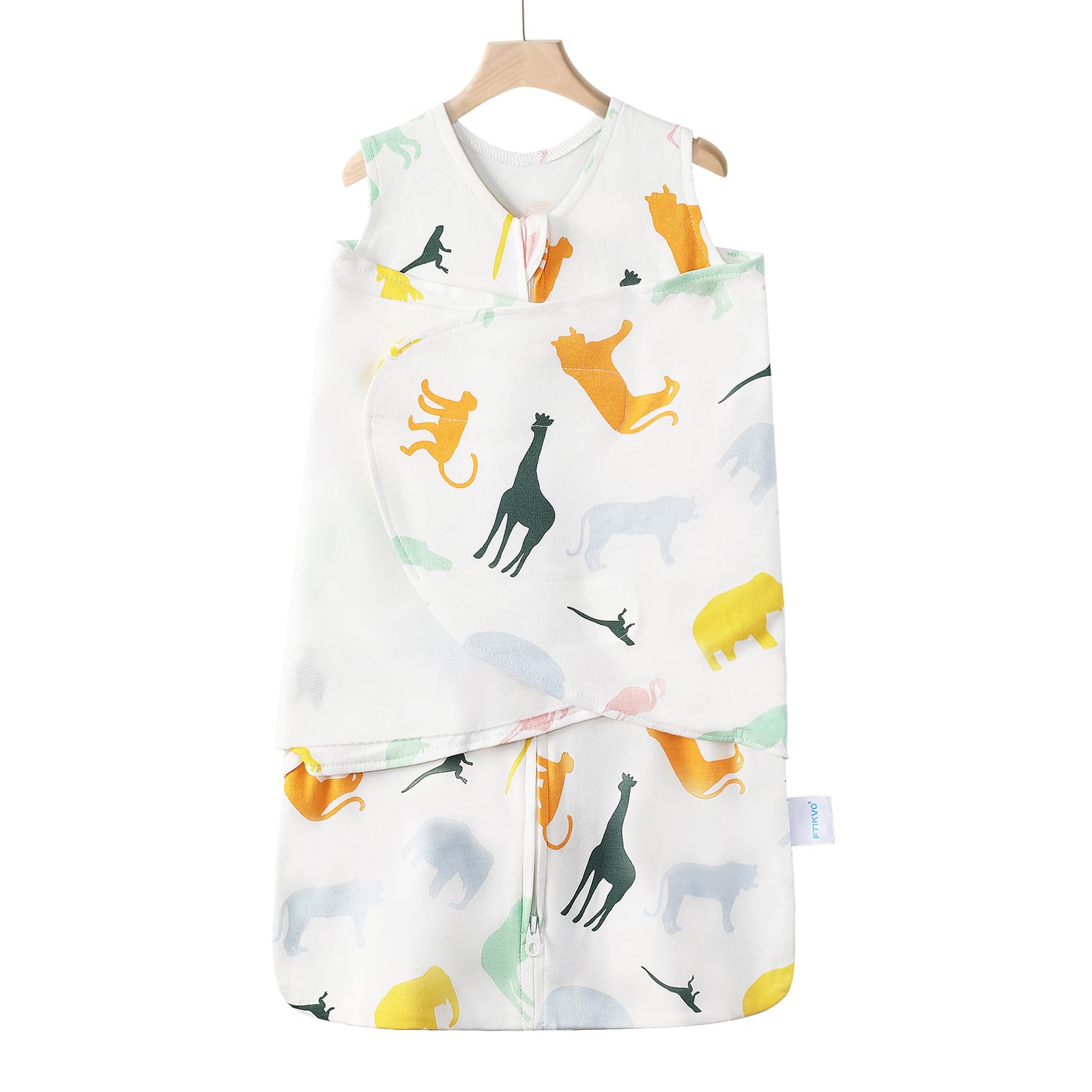 Ftikvo Colorful Zoo swaddle blanket front view for secure sleep