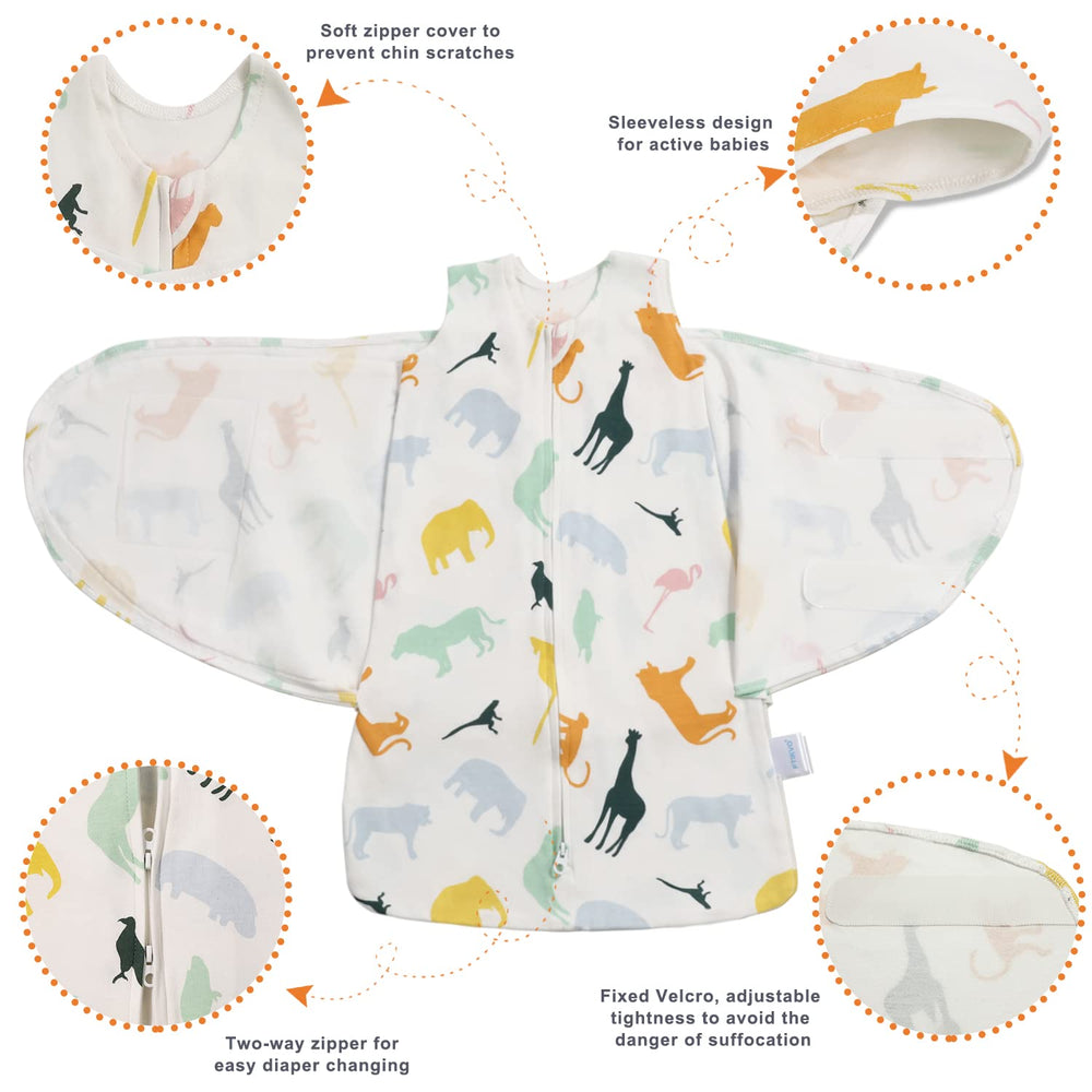 Ftikvo Colorful Zoo swaddle with leg sack for hip-friendly movement