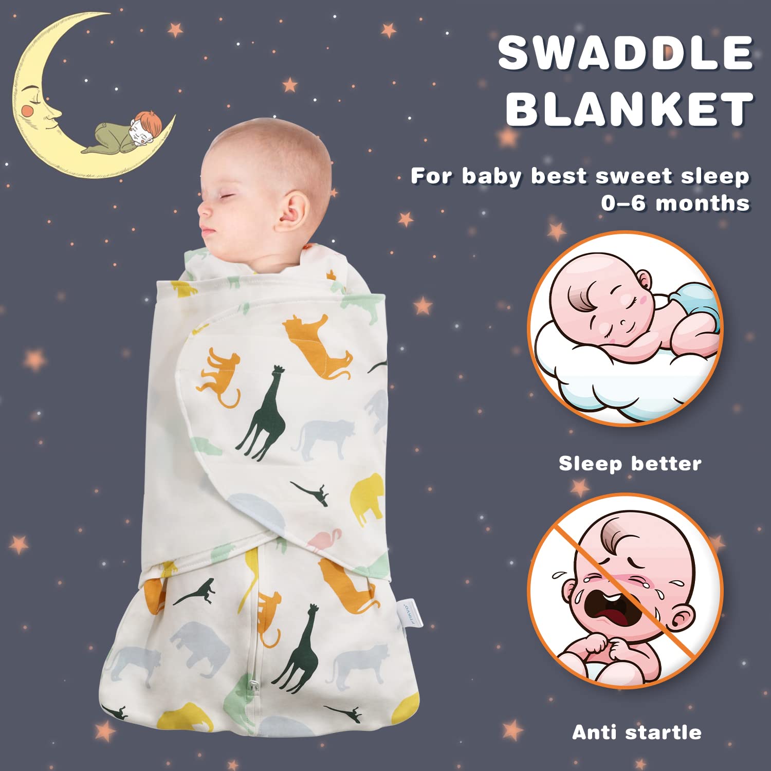 Ftikvo Colorful Zoo swaddle fabric close-up reveals soft breathable cotton quality.