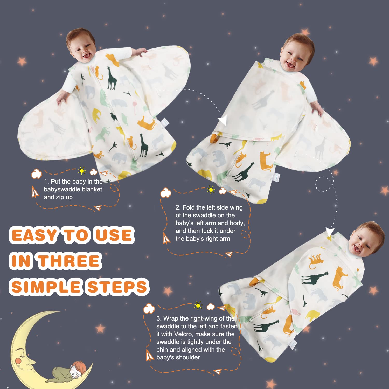 Ftikvo Colorful Zoo swaddle with 3-way adjustable Velcro for a perfect fit.