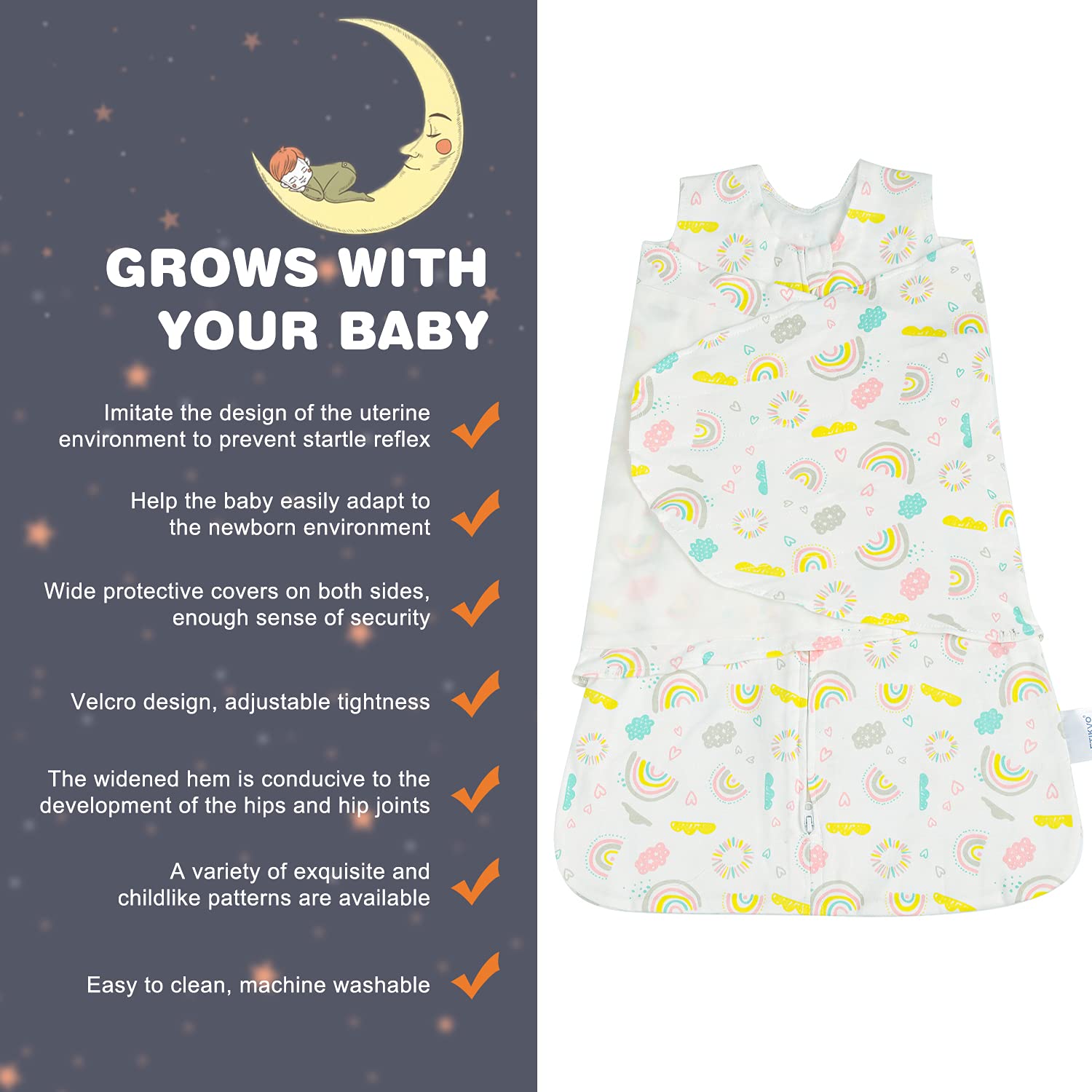 Ftikvo swaddle blanket shows two-way zipper for easy diaper changes.