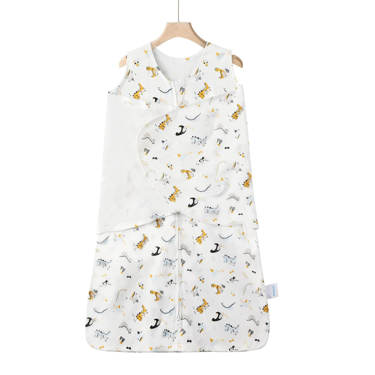 Ftikvo Swaddle Blanket with dinosaur pattern, breathable cotton for safe baby sleep comfort.