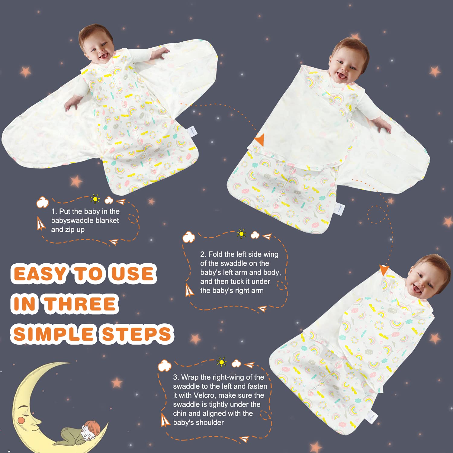 Ftikvo rainbow swaddle with size guidance for proper fit.