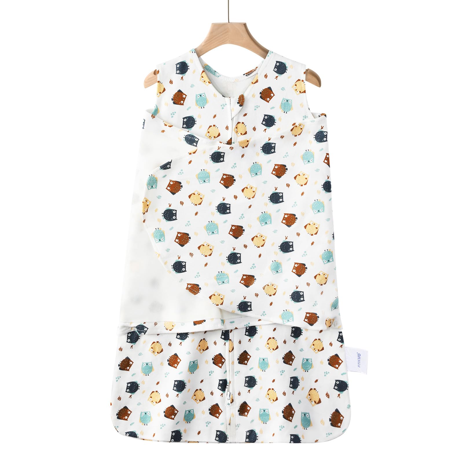 Ftikvo swaddle owl-pattern close-up highlights soft cotton and breathable fabric for calm, safe sleep.
