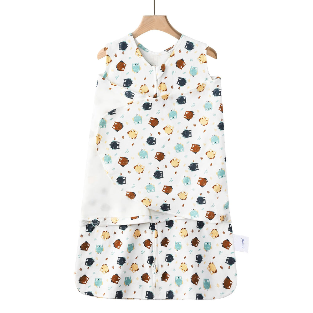 Ftikvo swaddle owl-pattern close-up highlights soft cotton and breathable fabric for calm, safe sleep.