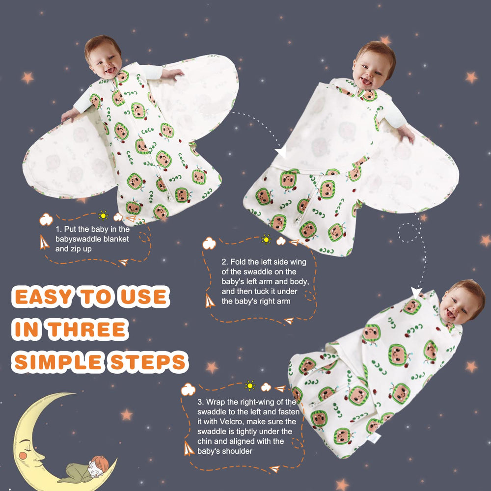 Ftikvo swaddle size guide close-up demonstrates newborn to 6-month fit options