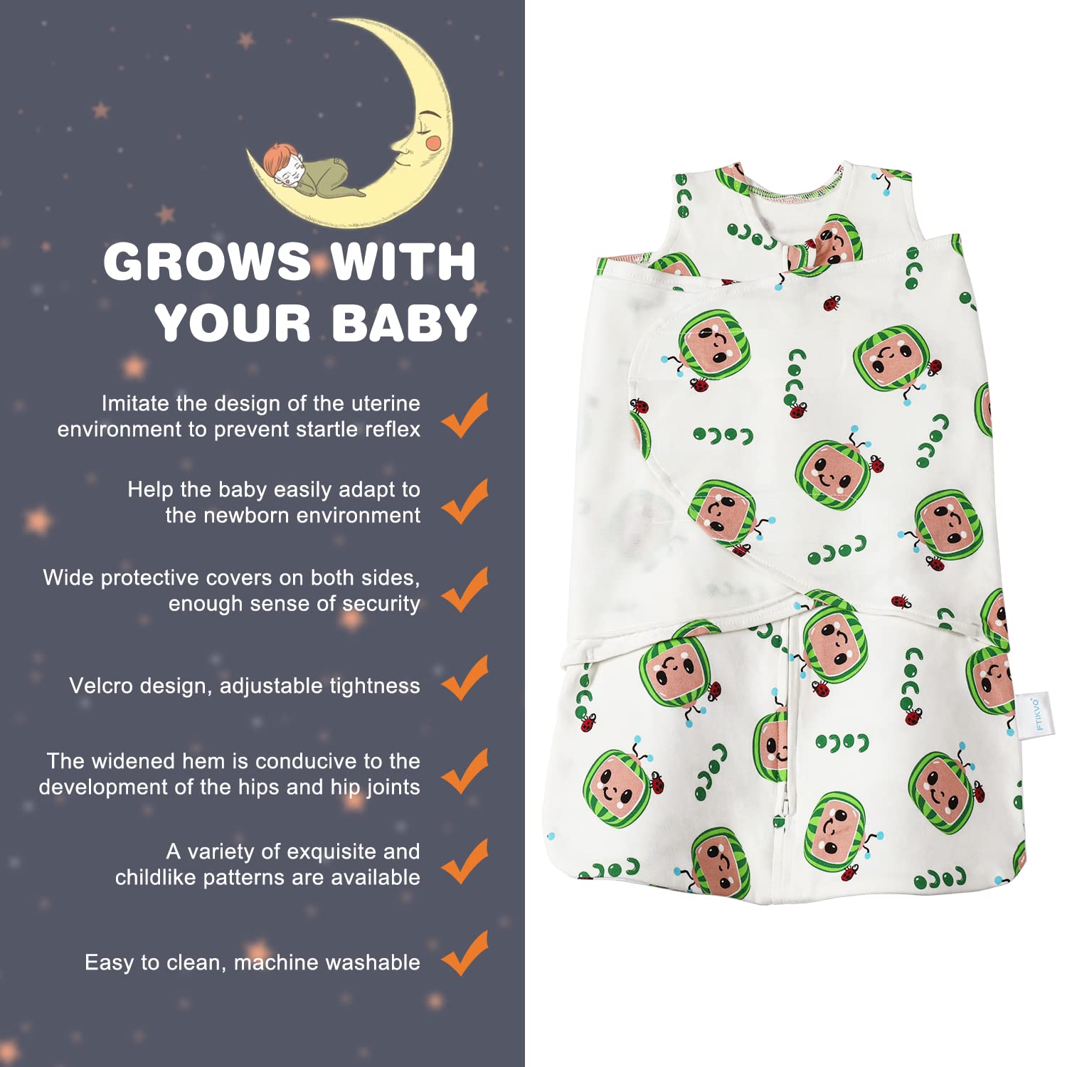 Ftikvo swaddle two-way zipper close-up facilitates easy diaper changes