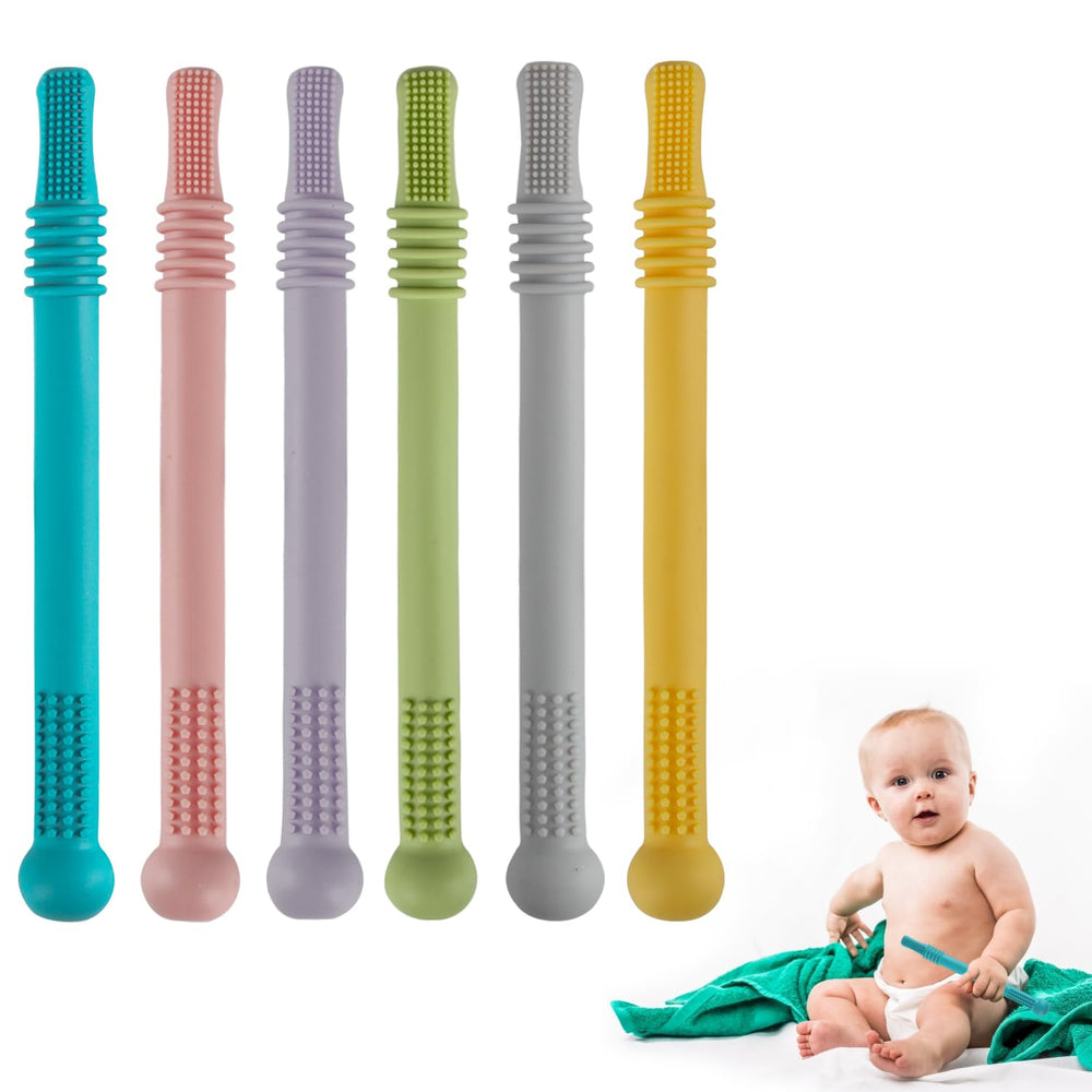 Fu Store Hollow Teether Tube pastel blue; soft silicone for soothing gums and sensory play.
