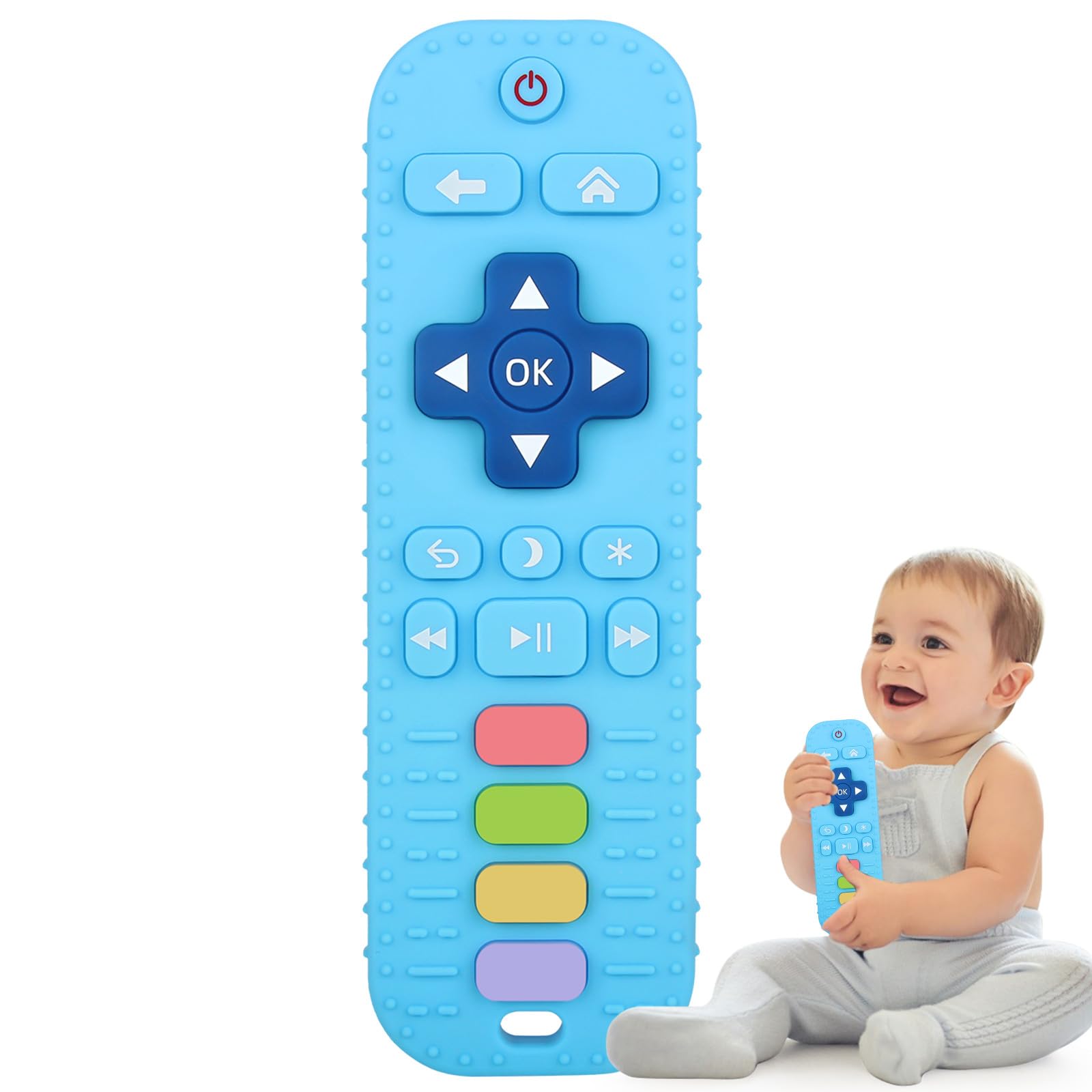 Fu Store silicone teething toys with a remote-control design soothe baby gums during on-the-go play.