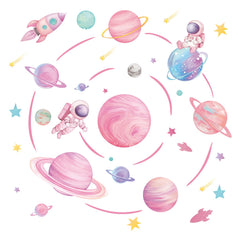 FUFUQUARE pastel wall decals shown in a bedroom scene with planets and stars.